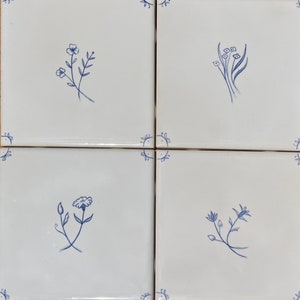 Set of four 6" French Country hand painted tiles - Fine flowers motif, backsplash, wall decoration