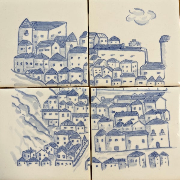 Portuguese antique style hand painted tiles - set of 4 coasters, ceramic trivet, blue and white, azulejo