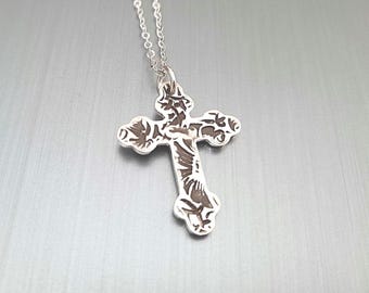 Silver Cross Pendant Necklace.  Unique Sterling Silver Christian Jewelry.