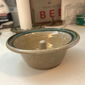 May include: A speckled ceramic bowl with a raised center post. The bowl has a wide rim with a teal-colored edge. The exterior is a light brown with darker speckles.