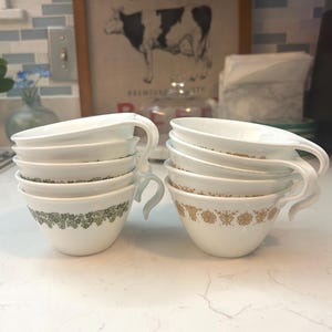 Vintage Corelle Cups Set of 10, Spring Blossom Green, Butterfly Gold Retro Stackable