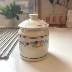 May include: A beige ceramic jar with a lid, featuring a decorative band of fruit and foliage. The jar has blue and red stripes near the top and bottom. The jar is sitting on a white countertop.