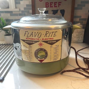 Vintage Flavo-Rite Electric Cooker Fryer M-200 Green Chrome Slow Cooker with Lid Basket Handle