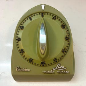 Vintage Robertshaw Lux "Minute Minder" Kitchen Timer - Atomic Rocket Knob - Avocado Green - MCM - Works!