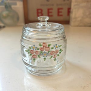 Vintage 1940s Kruger Hand-Painted Glass Nursery Jar – Pastel Floral Apothecary Jar with Lid