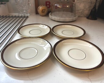 Set of 4 Lenox Monroe Ivory China Saucers, Maroon 24k Gold Trim