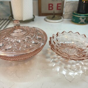 Vintage Pink Depression Glass Set - Indiana Glass Windsor Lidded Candy Dish & Whitehall Footed Bowl