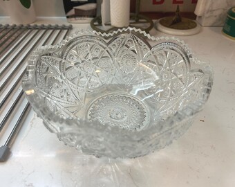 Antique American Brilliant Period (ABP) 8" Cut Glass Bowl – Hobstar & Fan Pattern – Sawtooth Rim