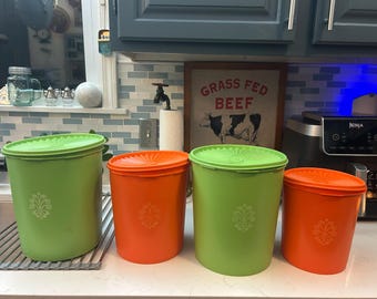 Vintage Tupperware Servalier Canister Set - 4 Piece Harvest Set - Apple Green & Orange Sunburst Lids -