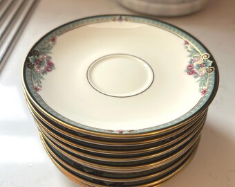 Lenox Newbury Square Saucers, Fine Bone China, Green Floral Gold Trim (Set of 10)