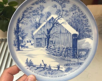 Vintage Currier and Ives The Old Homestead in Winter Blue and White Collector Plate