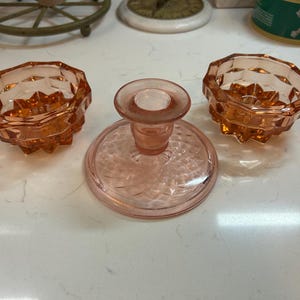 Vintage Pink & Peach Glass Candle Holder Set - Mixed Depression Glassand Whitehall