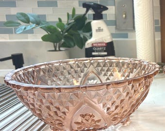 Vintage KIG Pink Glass Footed Serving Bowl | Rose & Fleur-De-Lis Pattern |