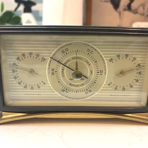 Vintage Airguide Desktop Weather Station - MCM Art Deco 3-Dial Barometer, Thermometer & Hygrometer -