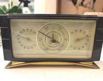 Vintage Airguide Desktop Weather Station - MCM Art Deco 3-Dial Barometer, Thermometer & Hygrometer -