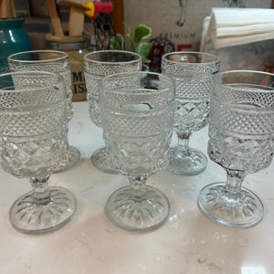 Vintage Anchor Hocking Wexford Clear Glass Wine Goblets - Set of 6 - Diamond Point