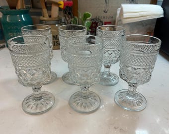 Vintage Anchor Hocking Wexford Clear Glass Wine Goblets - Set of 6 - Diamond Point