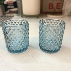 Vintage Blue Diamond Point Glass Votive Candle Holders - Set of 2
