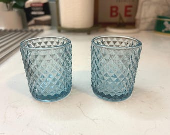 Vintage Blue Diamond Point Glass Votive Candle Holders - Set of 2