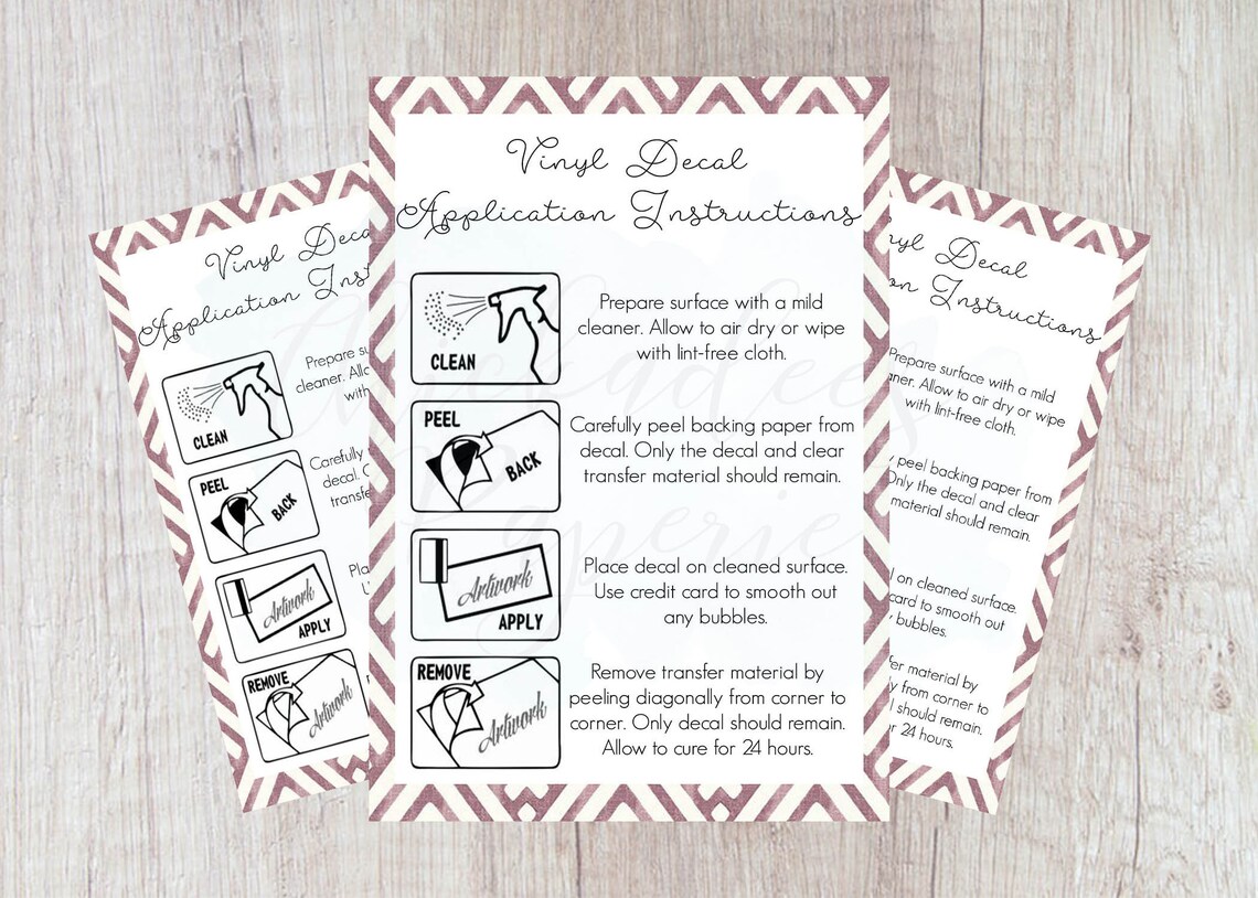 Decal Application Instructions Printable Vinyl Care Card How Etsy