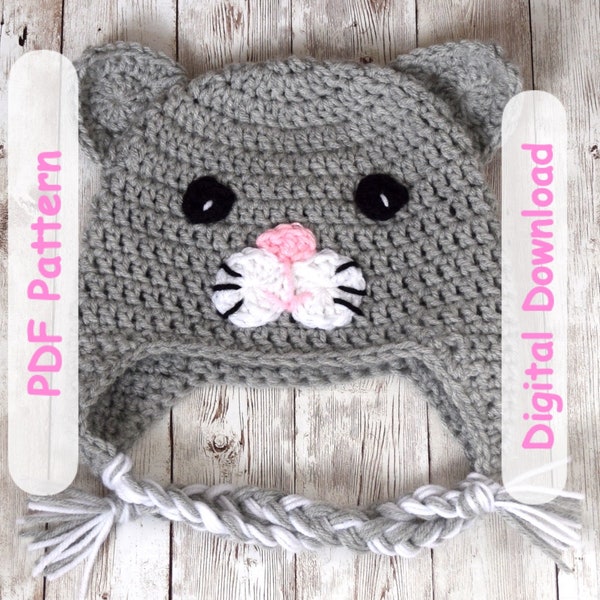 Kitten Hat Crochet Pattern - Multi-size beanie - Animal face Cat Kitty - Earflap winter Hat Baby photo prop