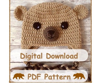 Teddy Bear Hat Crochet Pattern - Multi-size beanie - Animal face Bear hat - Ear-flap winter Hat Baby photo prop