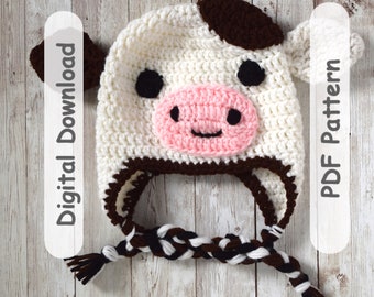 Cow Hat Crochet Pattern - Multi-size beanie - Animal face - Ear-flap winter Hat Baby photo prop - DIY pattern for beginners