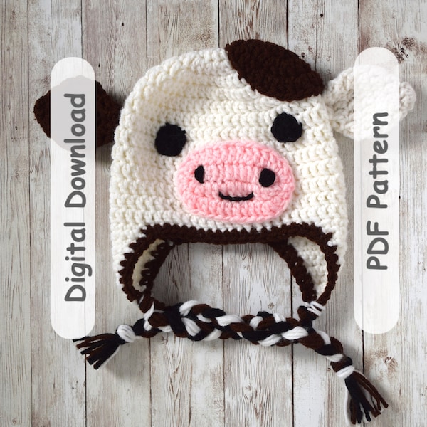 Cow Hat Crochet Pattern - Multi-size beanie - Animal face - Ear-flap winter Hat Baby photo prop - DIY pattern for beginners