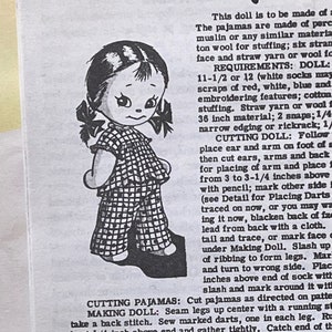 May include: Instructions for making a sock doll with pajamas. The doll is made from a sock, and the pajamas are made from fabric. The instructions include a cutting chart, sewing instructions, and embroidery details. Design 7382.