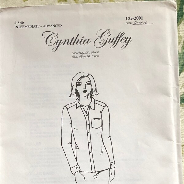 Cynthia Guffey Sewing PATTERN CG-2001,  Sizes: 12-14-16, UNCUT pattern, Tailored Long Sleeve Button Up Blouse