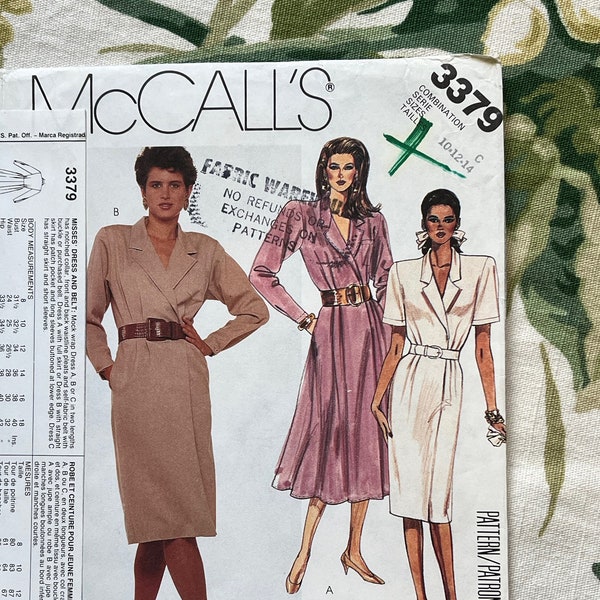 Vintage McCall's Sewing PATTERN 3379  Misses Dress and Belt  Size: 10-12-14  Included   Bust 32.5-36"  Waist 25-28"  Hip 34.5-38"