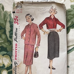 Vintage 1950s Simplicity Pattern 3958 - Teen Two Piece Suit - Size 14, Bust 32, Waist 26, Hip 35