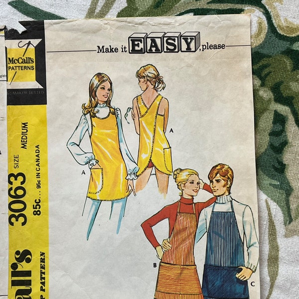 Vintage 1970s McCall's Sewing PATTERN 3063  Misses' Set of Aprons Plus BONUS Man's Apron  Size: Medium (12-14)      Easy to Sew