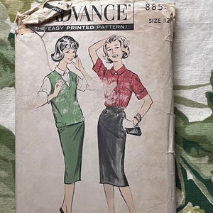 May include: Vintage sewing pattern for a dress, size 12, from Advance, The Easy Printed Pattern. The pattern shows two women wearing different styles of dresses, one with a green skirt and a white top, and the other with a black skirt and a red top.