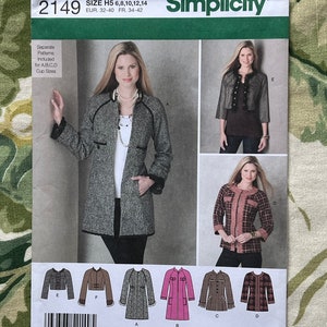 May include: Simplicity sewing pattern number 2149 for a jacket with different variations. The pattern includes sizes H5, 6, 8, 10, 12, and 14. The pattern also includes European sizes 32-40 and French sizes 34-42.
