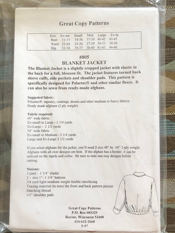 Great Copy Patterns Blanket Jacket 805 Sizes XS to XL UNCUT