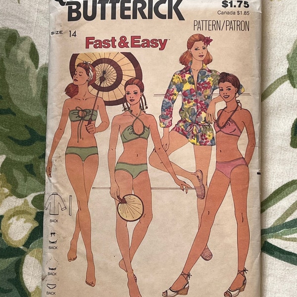 Fast & Easy Vintage Butterick 6149 Pattern - 1970s Misses' Bikini and Cover Up Sewing Pattern, Size: 14 (Bust 34, Waist 26.5, Hip 36)