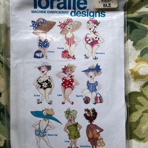 May include: A package of "loralie" machine embroidery designs featuring nine cartoon women in swimsuits. The designs are labeled "Fanny", "Candy", "Veronica", "Erma", "Lala", "Sporty", "Warm Up", "Ling", and "Sunshine". The package also includes a price tag.