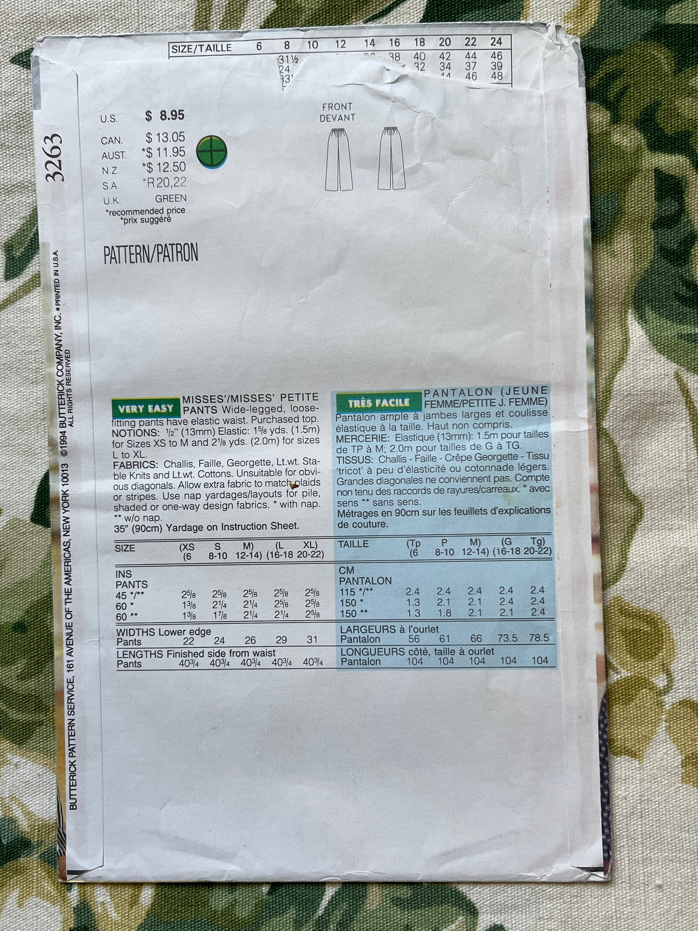Advance Pattern 3263 Vintage 1990s Butterick Sewing PATTERN 3263 Misses' Pants Size: L - XL ...