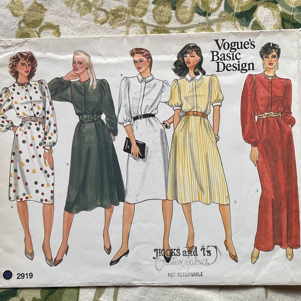 Vintage Vogue Sewing PATTERN 2919  Misses' Blouson Dress in Three Lengths Size: 14   Bust 36"