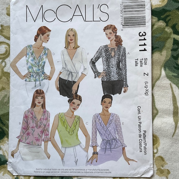 Vintage McCall's Sewing PATTERN 3111  Misses Tops  Size: Large (16-18) - XL (20-22)  Bust 38-44"  Waist  30-37"  Hip 40-46"