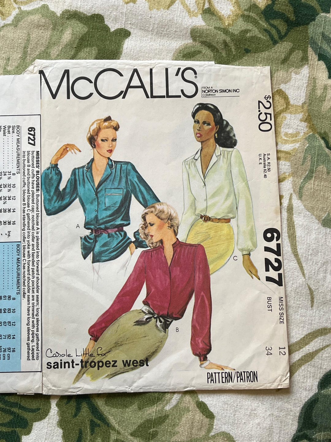 Simplicity 6727 Pattern Vintage Mccall's Sewing PATTERN 6727 Misses' Blouses Size: 12 Bust 34 ...