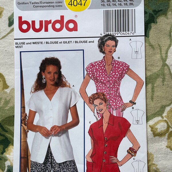 Vintage 1990s Burda Sewing PATTERN 4047  Misses' Blouse and Vest   Size:  10-20 included