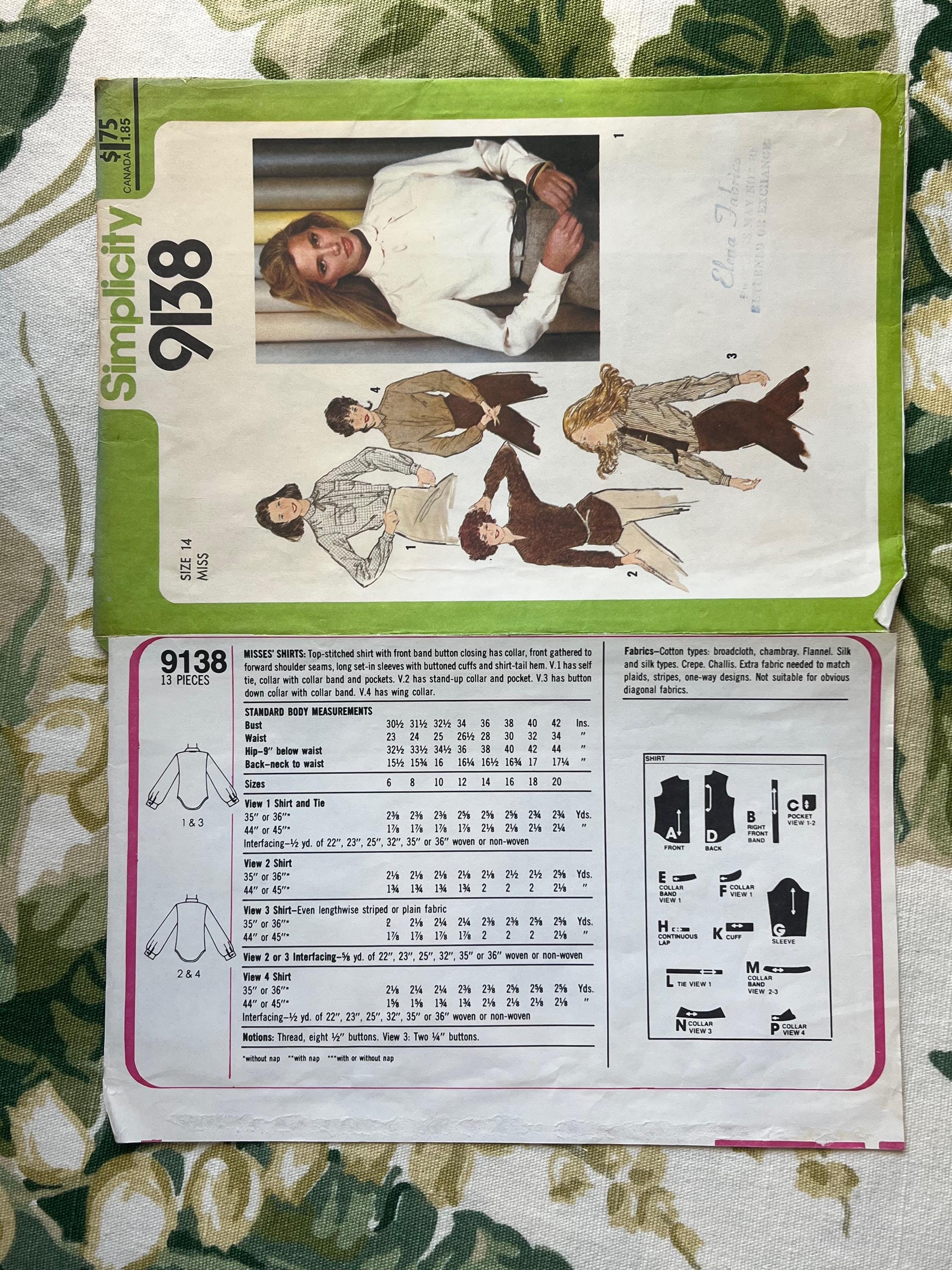 Simplicity Sewing PATTERN 9138 Misses' Shirts Size: 14 Bust 36