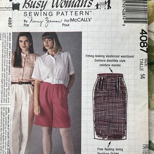 May include: Sewing pattern for a skirt, pants, and shorts. The pattern is for size 14 and features a fitted waistband, side pockets, and a back vent. The pattern is by Nancy Zieman for McCall's.