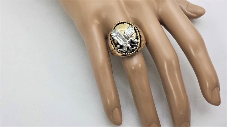 Navajo Hand-Carved /'Flying Eagle/' Navajo Sterling Silver and 12K Gold Ring-Hallmarked /'S Ray/'