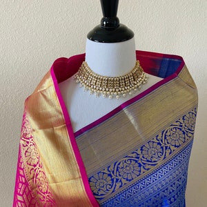 Jacquard weave kanchipuram/Kanchivaram handloom pure silk saree | Imperial blue & Fuchsia pink | Silk Mark Certified | Ships from California