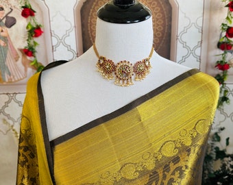 ShopNaya Exclusive | Brocade Kanchipuram Pure Silk Saree | Metallic Black | Pure Gold Zari | Handwoven | Ships from California