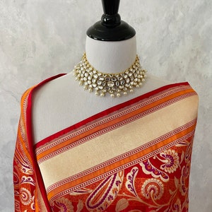 Banarasi Katan Silk Meenakari Saree | Red and Orange | Handwoven | Silk Mark Certified | Ships from California