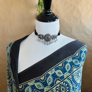 Ajrakh hand block printed modal silk saree | Dark Blue | Ships from California